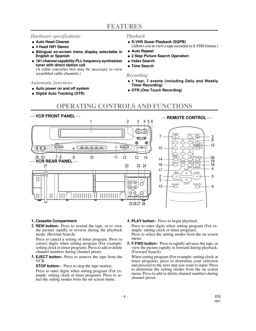 Sylvania SSV6001 owner manual Features, Operating Controls and Functions 