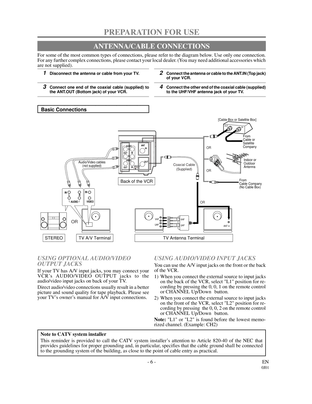 Sylvania SSV6001 owner manual Preparation for USE, ANTENNA/CABLE Connections 