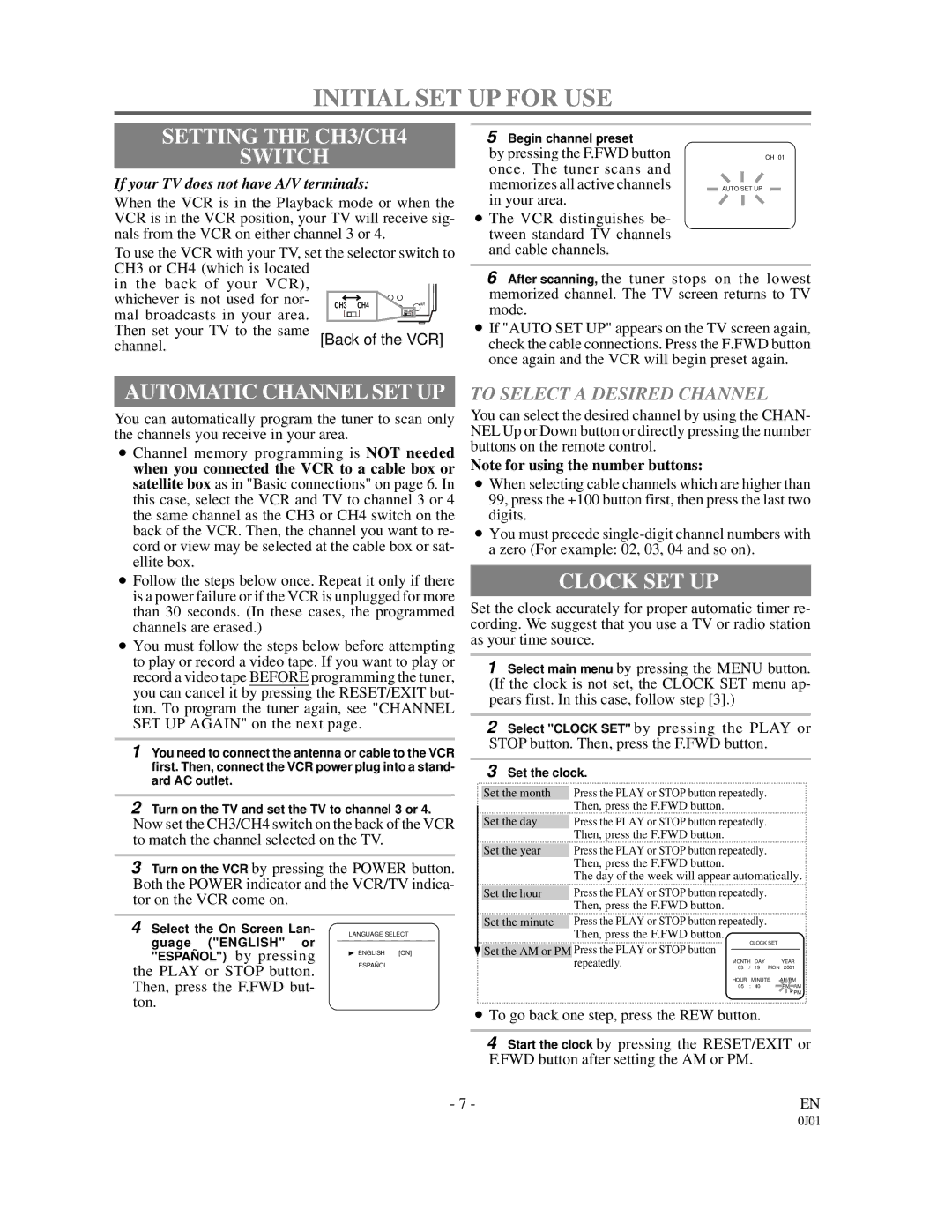 Sylvania SSV6001 owner manual Initial SET UP for USE, Setting the CH3/CH4 Switch, Automatic Channel SET UP, Clock SET UP 