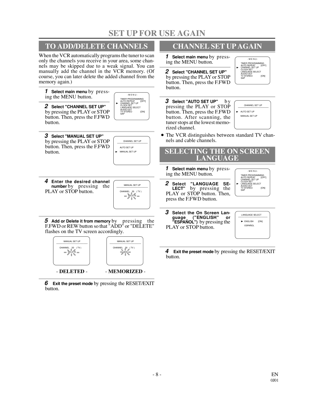 Sylvania SSV6001 SET UP for USE Again, To ADD/DELETE Channels, Channel SET UP Again, Selecting the on Screen Language 
