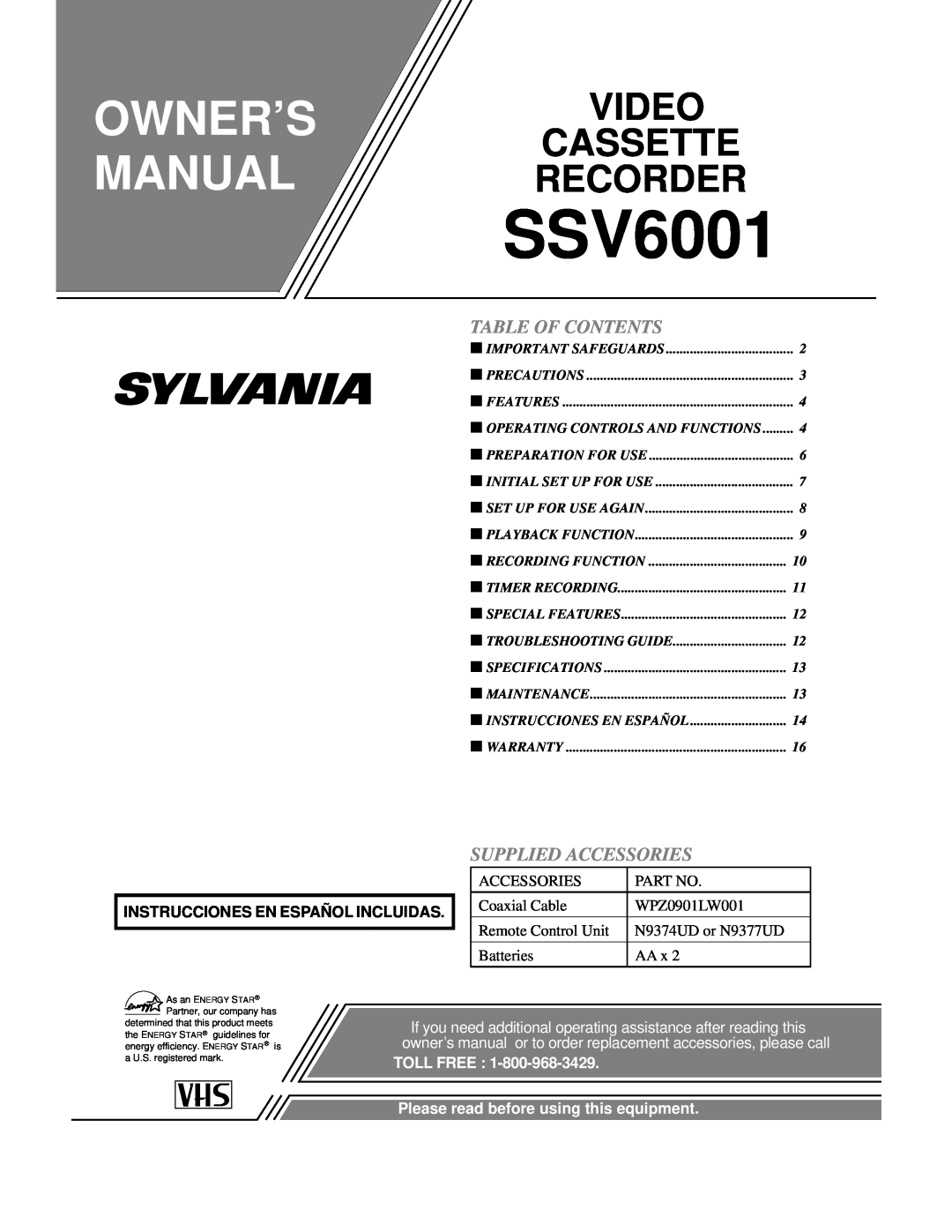 Sylvania SSV6001 owner manual Table Of Contents, Supplied Accessories, Instrucciones En Español Incluidas, Owner’S Manual 