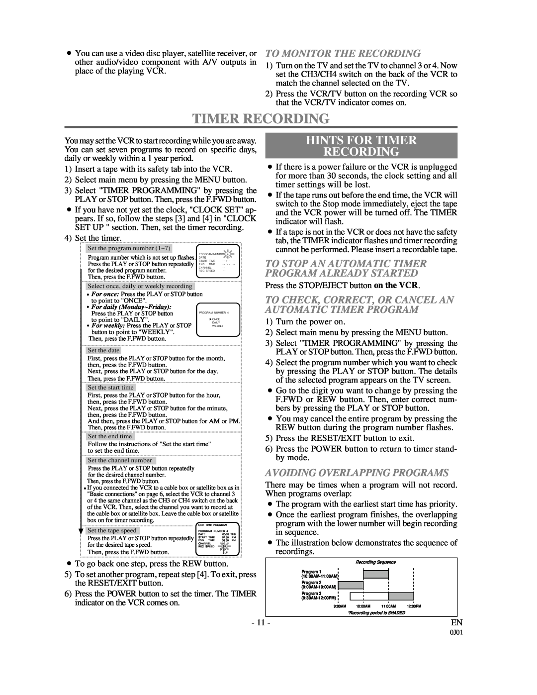 Sylvania SSV6001 owner manual Hints For Timer Recording, To Monitor The Recording, Avoiding Overlapping Programs 