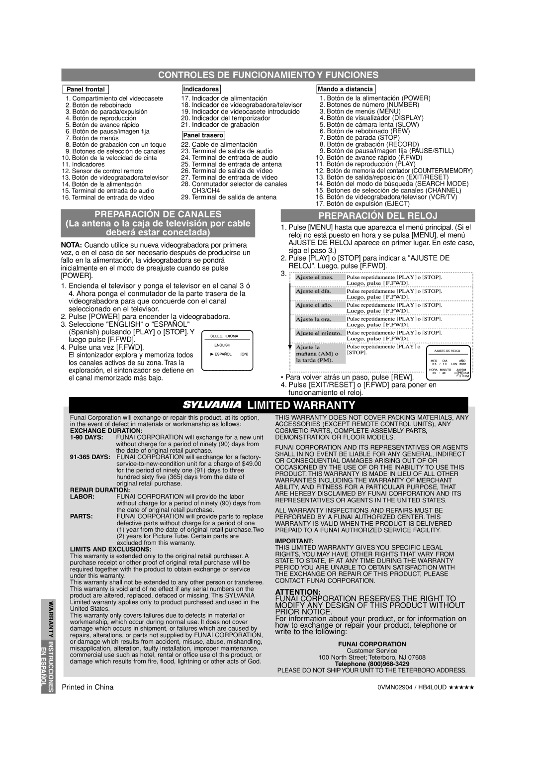 Sylvania SSV6001A Controles DE Funcionamiento Y Funciones, Preparación DE Canales, Preparación DEL Reloj, Enespañol 