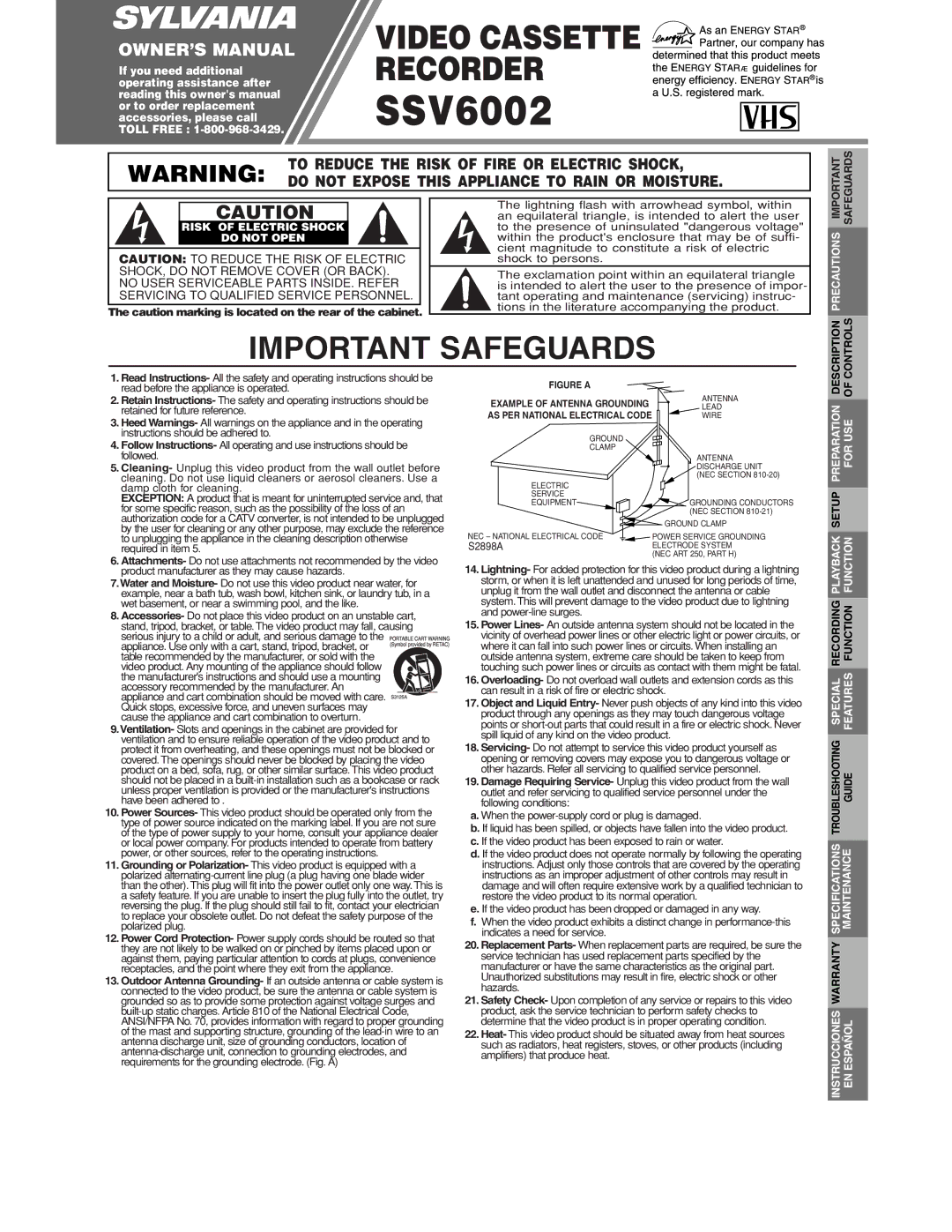 Sylvania SSV6002 owner manual Safeguards, Risk of Electric Shock Do not Open, Precautions, Description Controls 