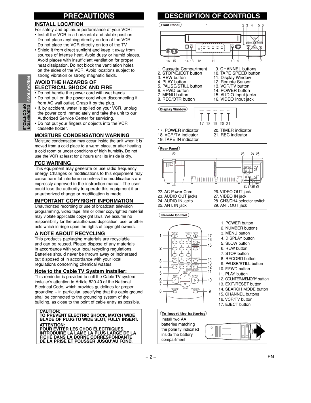 Sylvania SSV6002 Precautions, Install Location, Avoid the Hazards Electrical Shock and Fire, Moisture Condensation Warning 