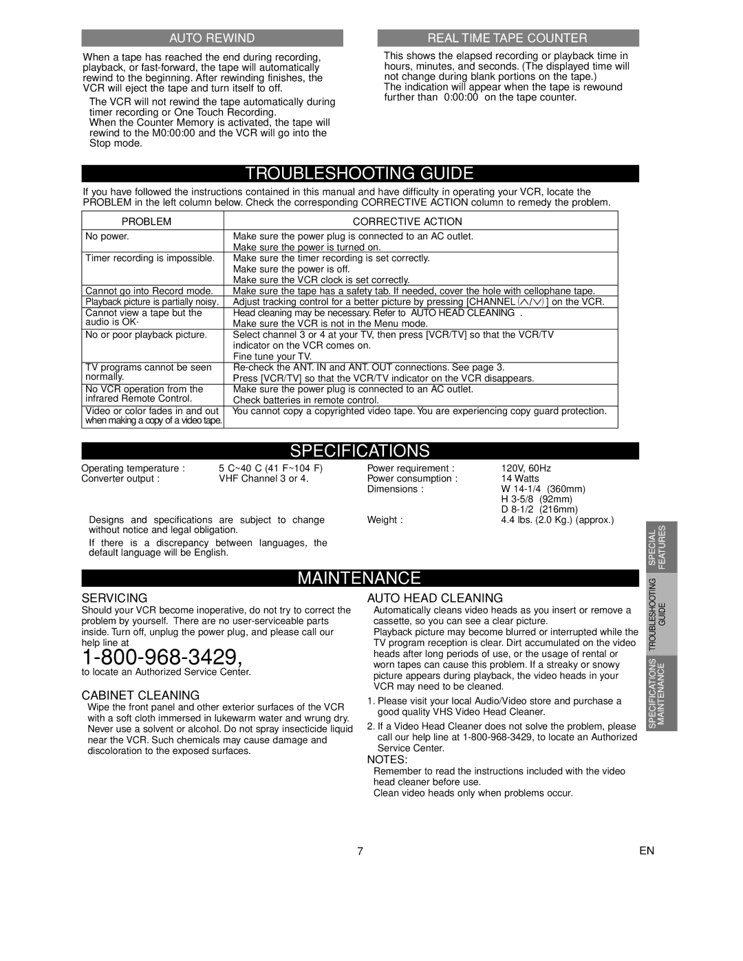 Sylvania SSV6002 owner manual Troubleshooting Guide, Specifications, Maintenance, Auto Rewind, Real Time Tape Counter 