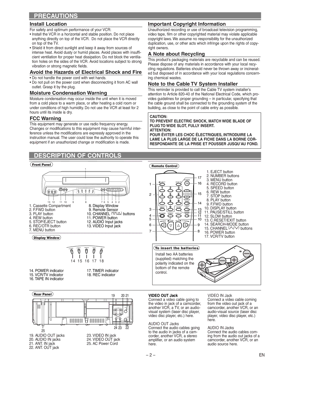 Sylvania SSV6003 owner manual Precautions, Description of Controls 