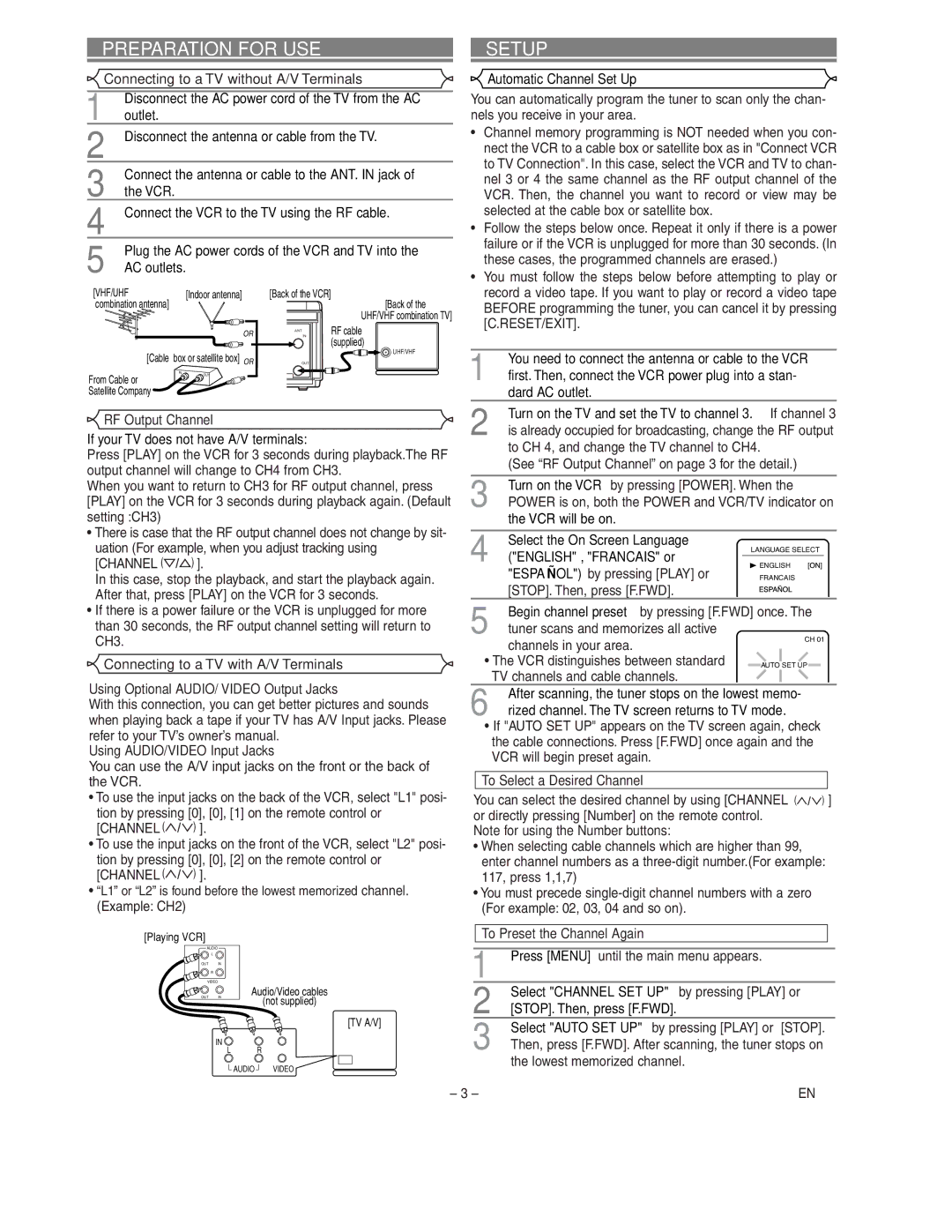 Sylvania SSV6003 owner manual Preparation for USE, Setup 