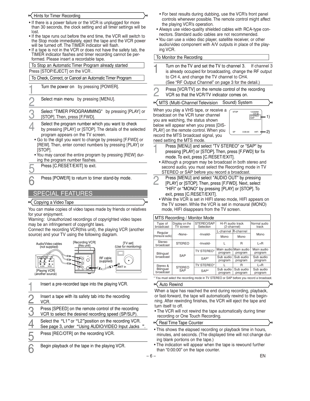 Sylvania SSV6003 owner manual Special Features, Vcr 