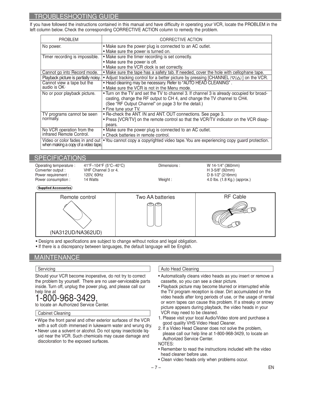 Sylvania SSV6003 owner manual Troubleshooting Guide, Specifications, Maintenance 