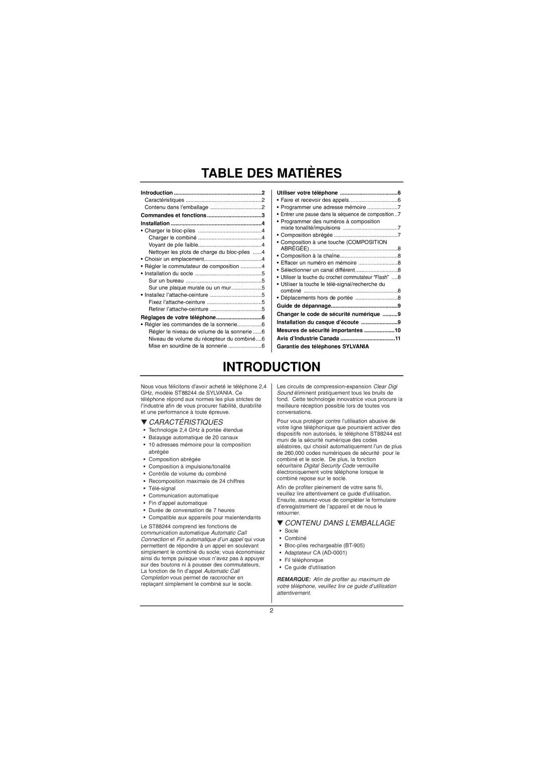 Sylvania ST88244 manual Table DES Matières, Introduction, Commandes et fonctions Installation, Réglages de votre téléphone 