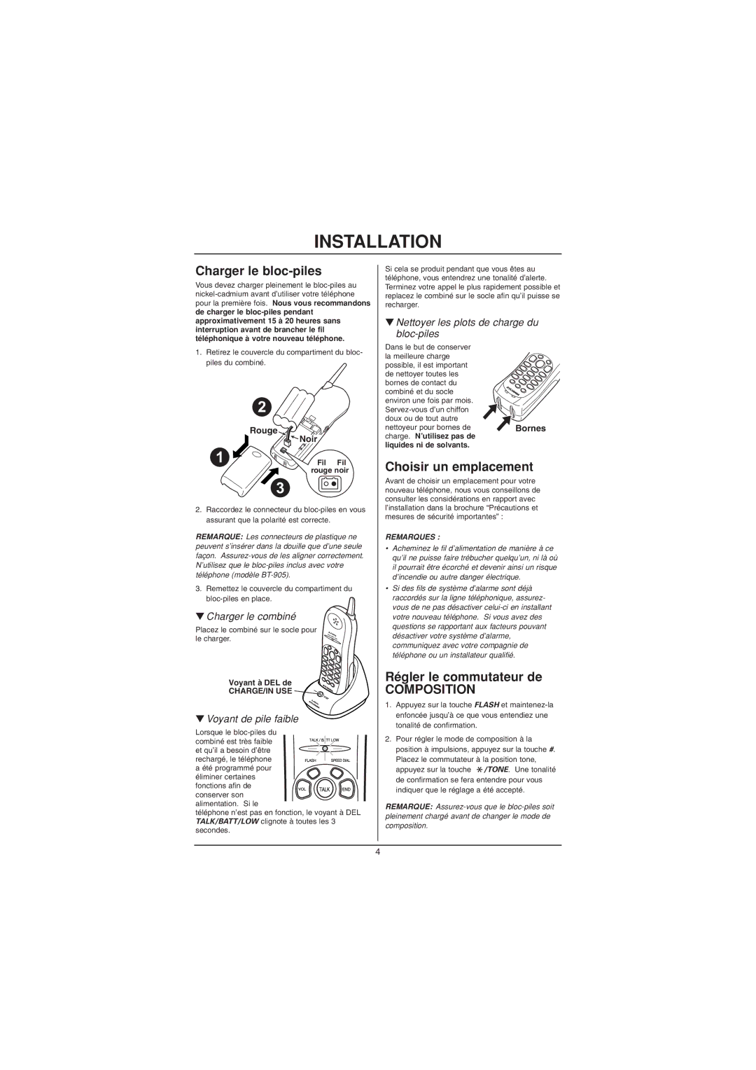 Sylvania ST88244 manual Installation, Charger le bloc-piles, Choisir un emplacement, Régler le commutateur de, Composition 