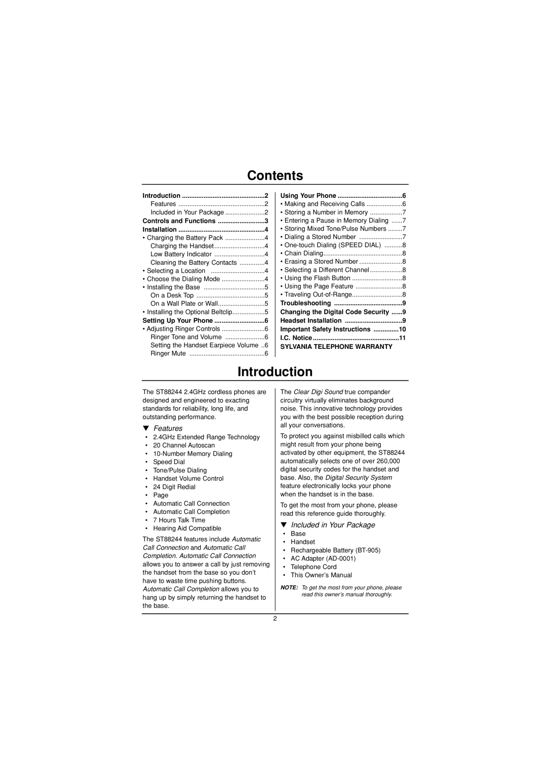 Sylvania ST88244 manual Contents, Introduction 