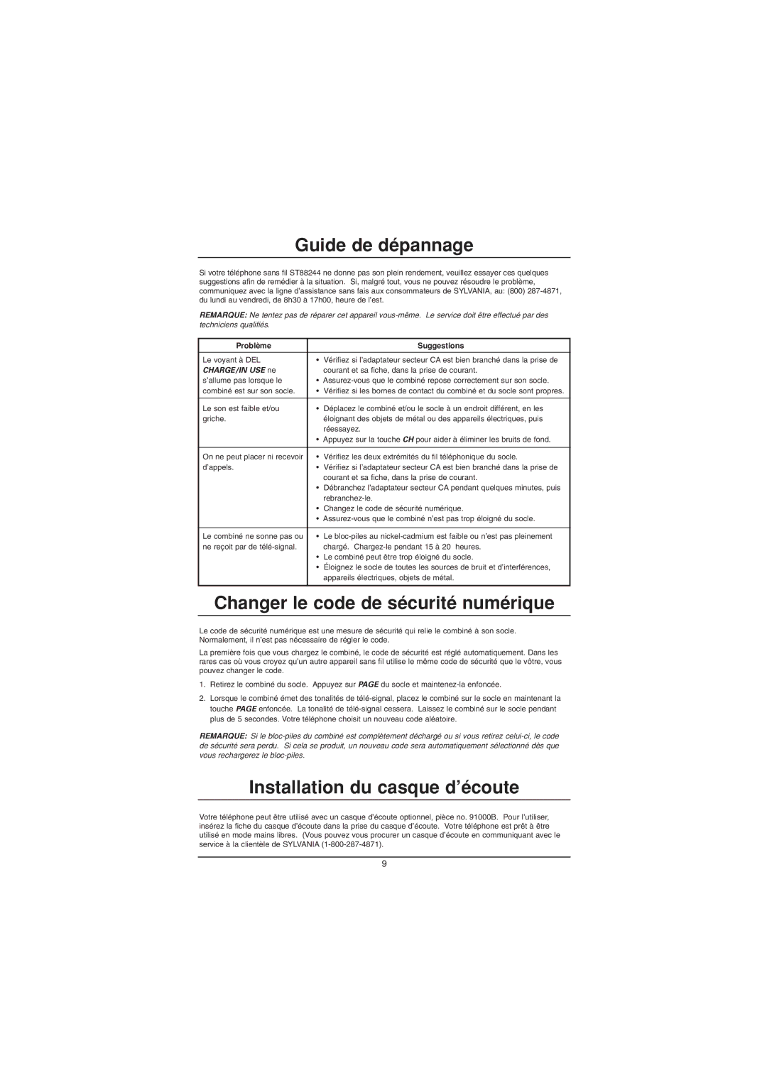 Sylvania ST88244 manual Guide de dépannage, Changer le code de sécurité numérique, Installation du casque d’écoute 