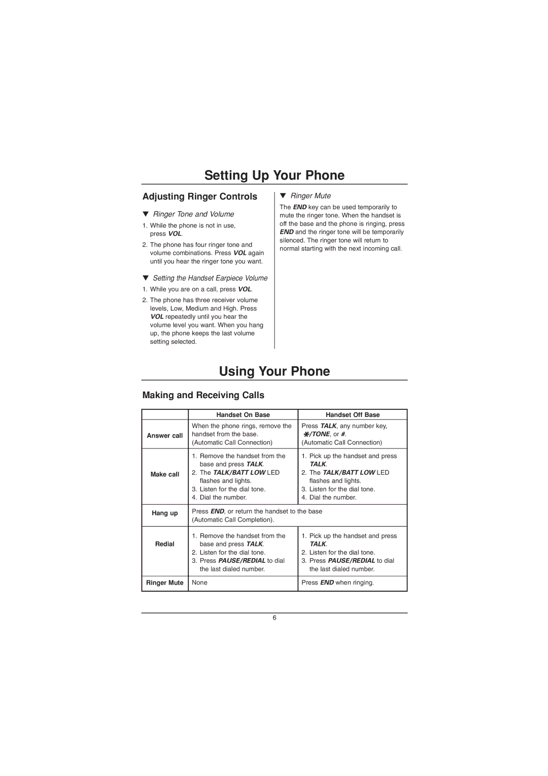 Sylvania ST88244 manual Setting Up Your Phone, Using Your Phone, Adjusting Ringer Controls, Making and Receiving Calls 