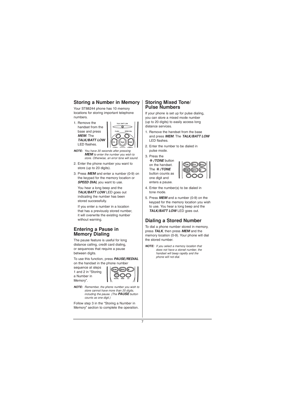 Sylvania ST88244 manual Storing a Number in Memory, Entering a Pause Memory Dialing, Storing Mixed Tone Pulse Numbers 