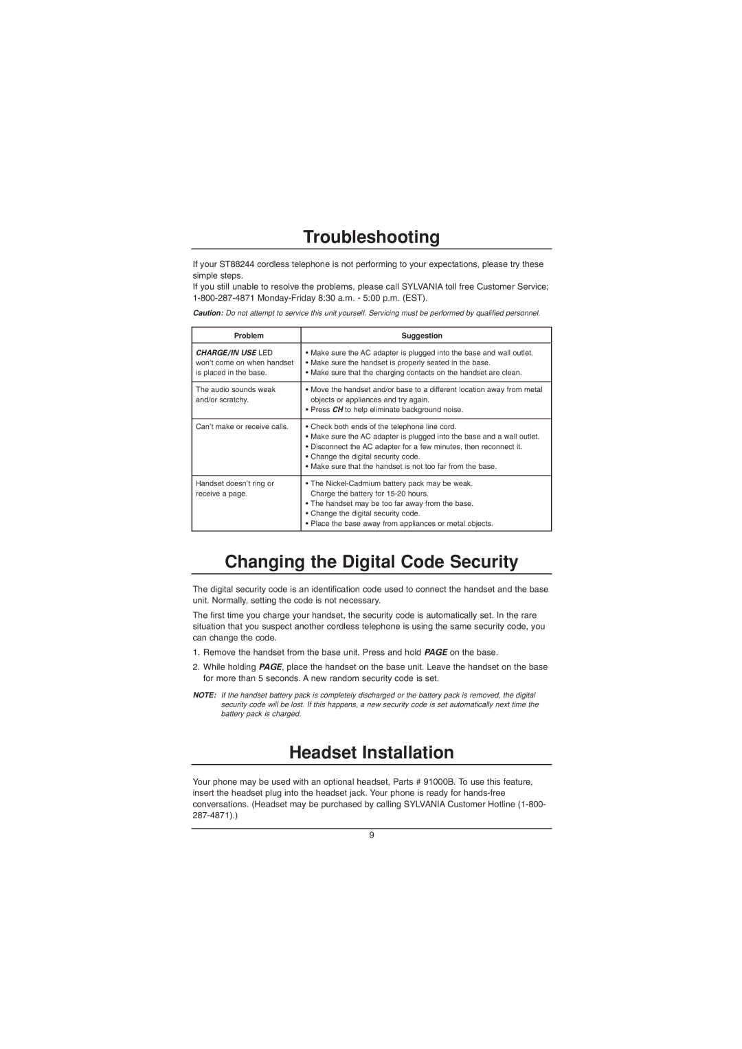 Sylvania ST88244 manual Troubleshooting, Changing the Digital Code Security, Headset Installation, Problem Suggestion 