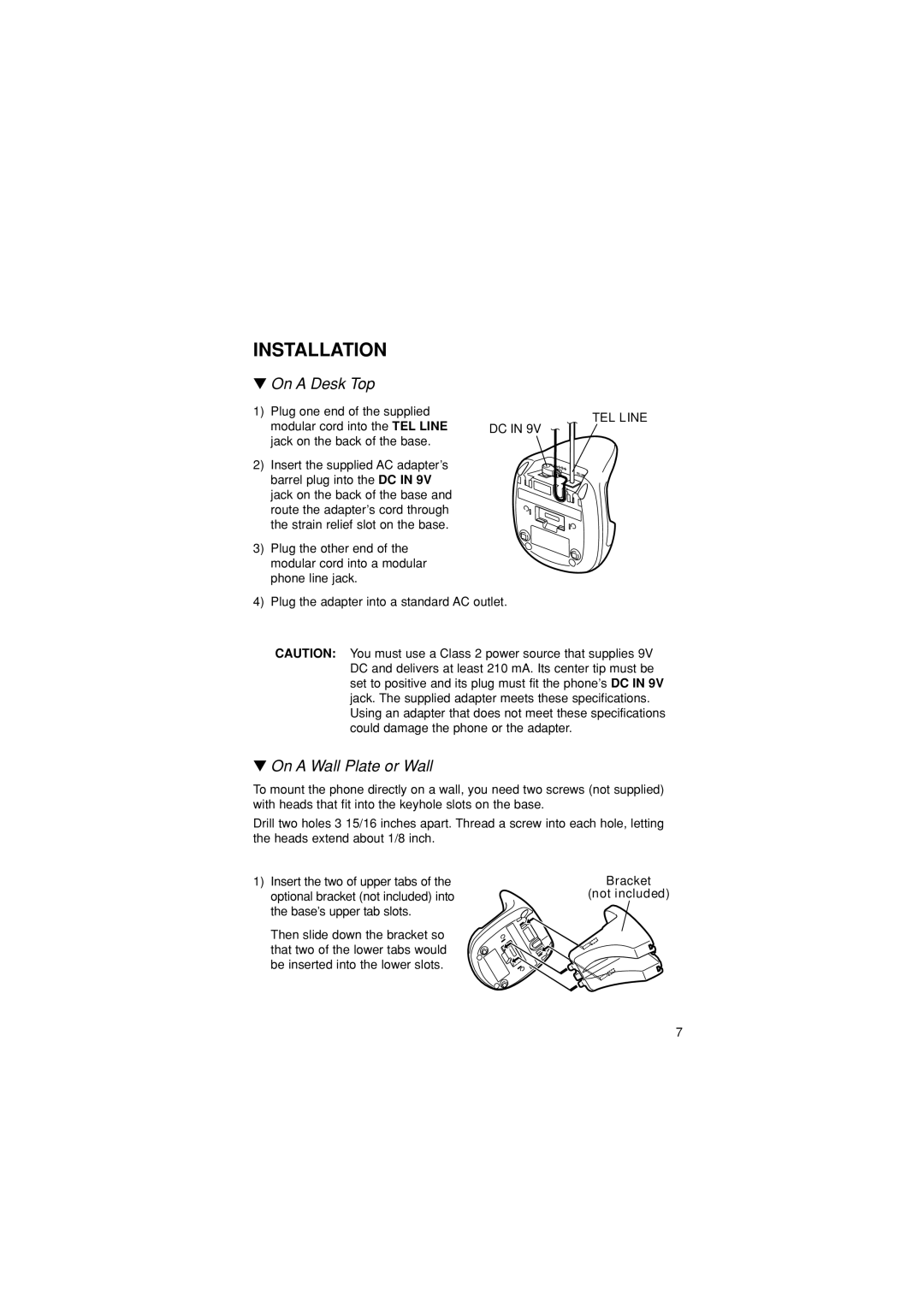 Sylvania ST88245 manual Installation, On a Desk Top, On a Wall Plate or Wall, Bracket Not included 