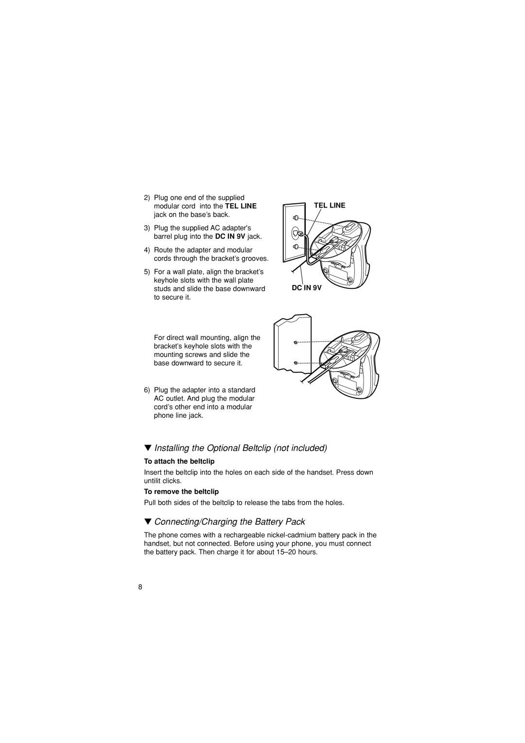 Sylvania ST88245 manual Installing the Optional Beltclip not included, Connecting/Charging the Battery Pack 