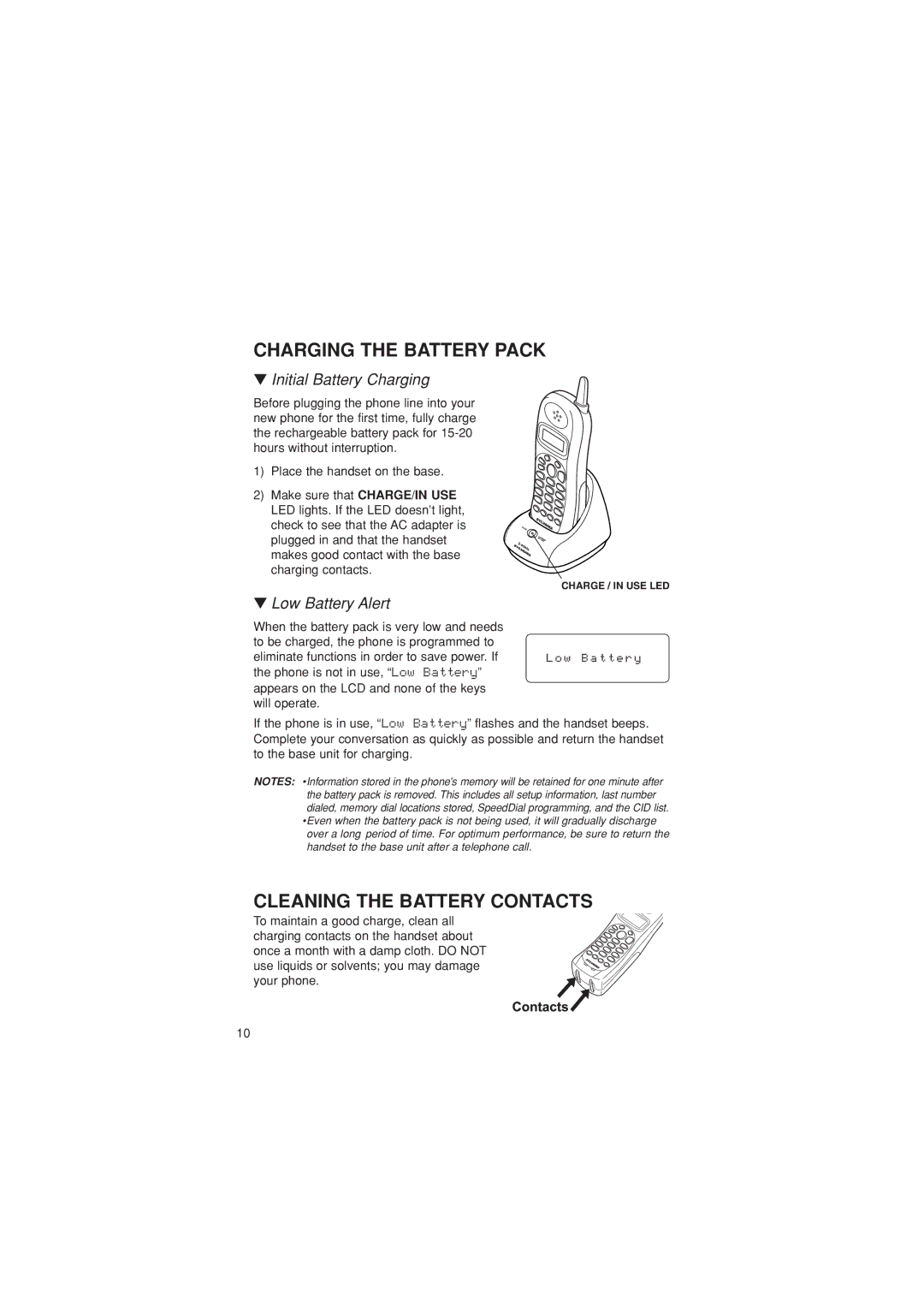 Sylvania ST88245 Charging the Battery Pack, Cleaning the Battery Contacts, Initial Battery Charging, Low Battery Alert 