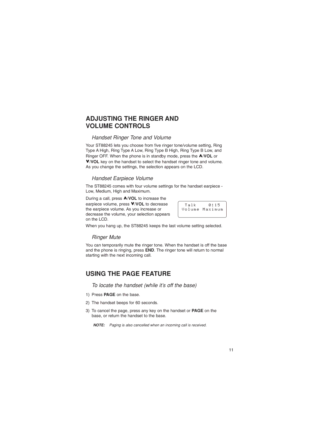 Sylvania ST88245 manual Adjusting the Ringer Volume Controls, Using the page Feature 