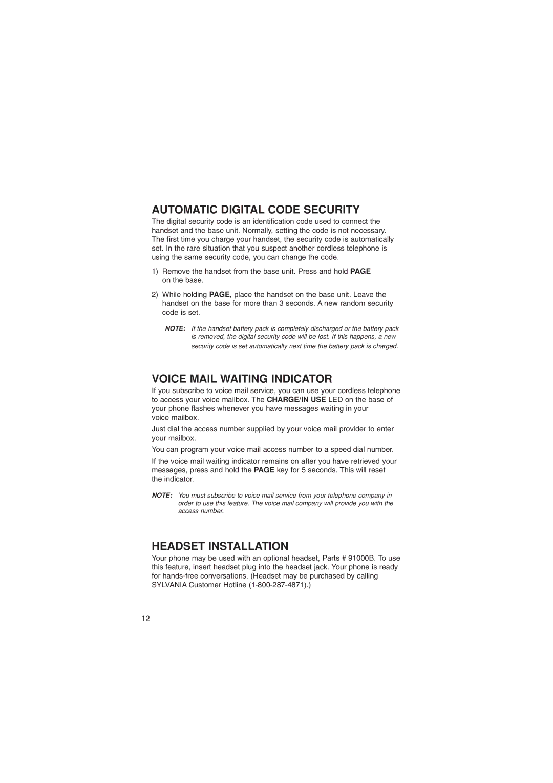 Sylvania ST88245 manual Automatic Digital Code Security, Voice Mail Waiting Indicator, Headset Installation 