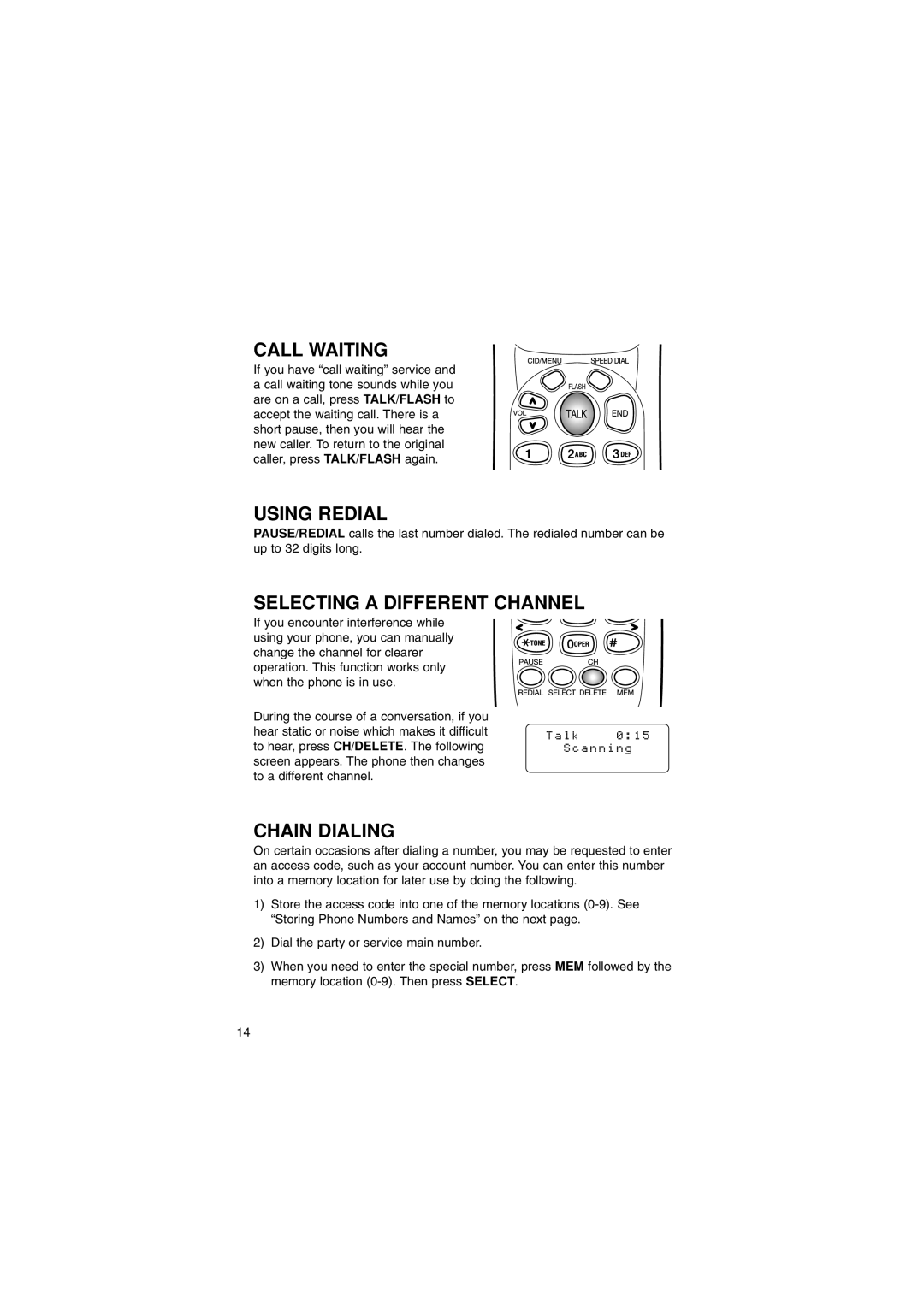 Sylvania ST88245 manual Call Waiting, Using Redial, Selecting a Different Channel, Chain Dialing 