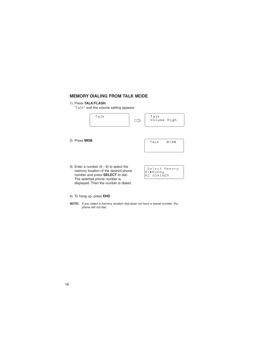 Sylvania ST88245 manual Memory Dialing from Talk Mode, L e c t M e m o r y O b b y O N I G E M 