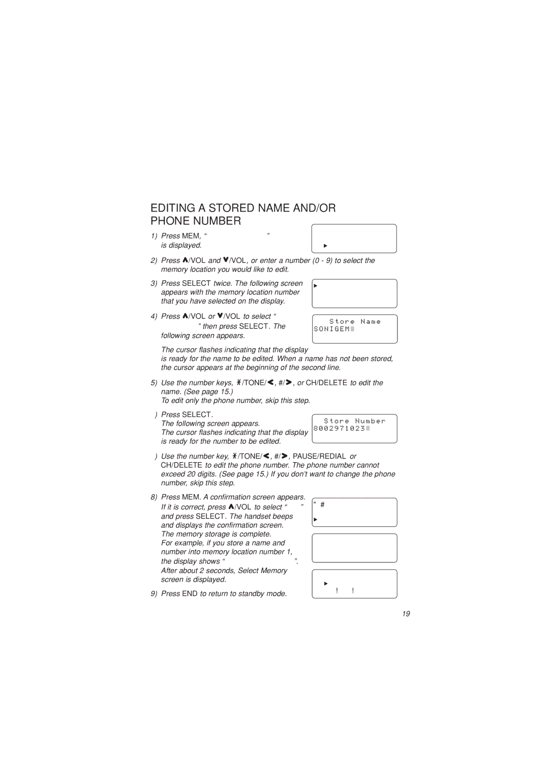 Sylvania ST88245 manual Editing a Stored Name AND/OR Phone Number, B a c k, P l a c e M e m o r y Y e s 