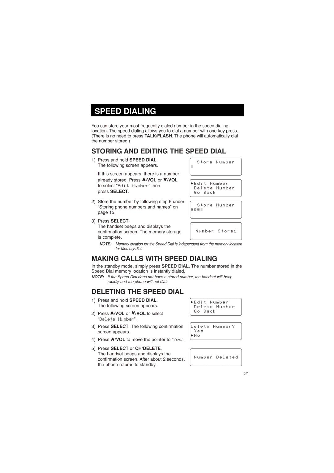 Sylvania ST88245 manual Storing and Editing the Speed Dial, Making Calls with Speed Dialing, Deleting the Speed Dial 