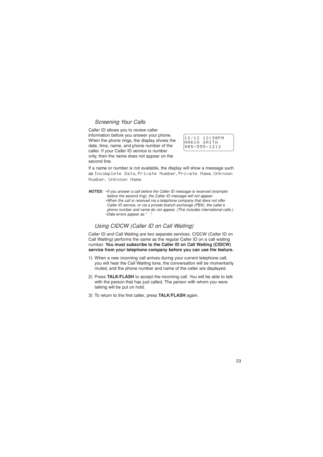 Sylvania ST88245 manual Screening Your Calls, Using Cidcw Caller ID on Call Waiting 