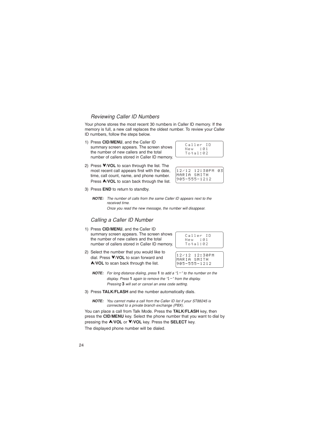 Sylvania ST88245 manual Reviewing Caller ID Numbers, Calling a Caller ID Number, L l e r I D N e w 0 1 T o t a l 0 