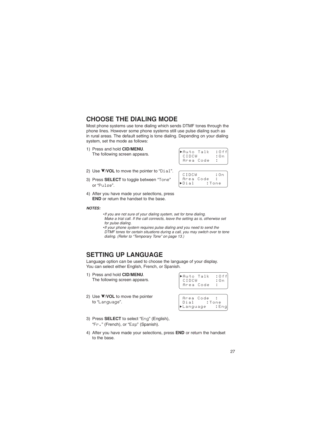 Sylvania ST88245 manual Choose the Dialing Mode, Setting UP Language, T o T a l k O f f, E a Code A l N e 