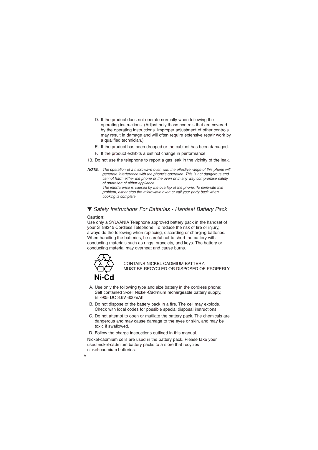 Sylvania ST88245 manual Ni-Cd, Safety Instructions For Batteries Handset Battery Pack 