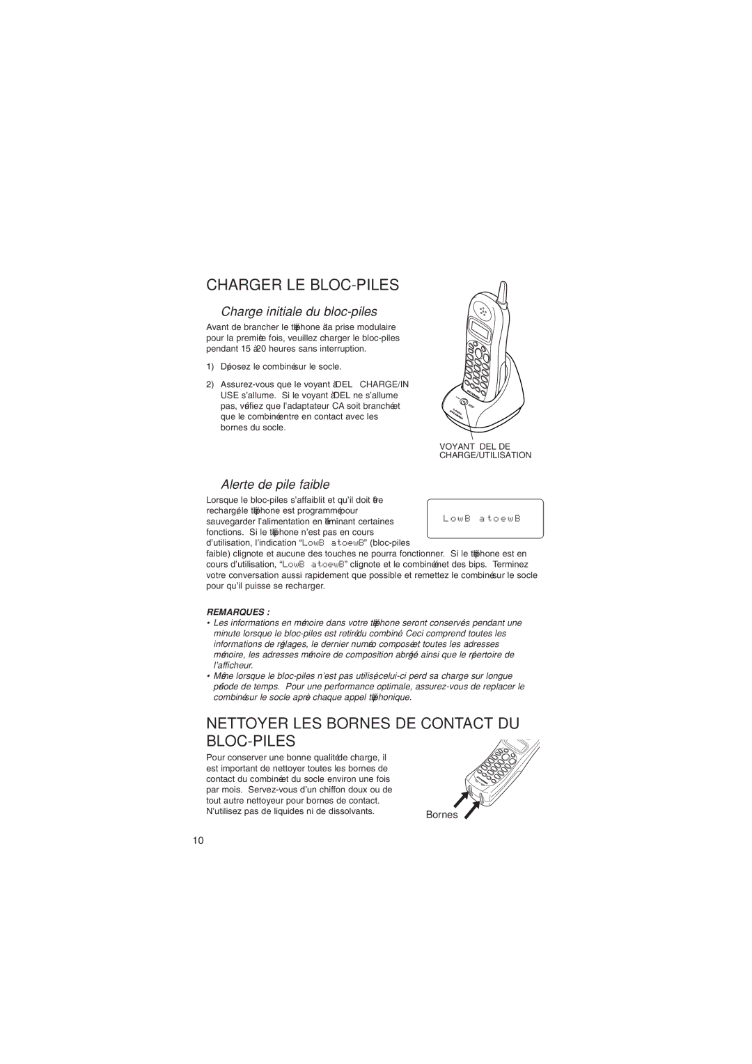 Sylvania ST88245 manual Charger LE BLOC-PILES, Nettoyer LES Bornes DE Contact DU BLOC-PILES, Charge initiale du bloc-piles 