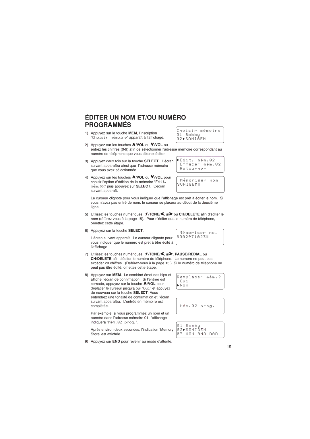 Sylvania ST88245 manual Éditer UN NOM ET/OU Numéro Programmés, O g, O M 