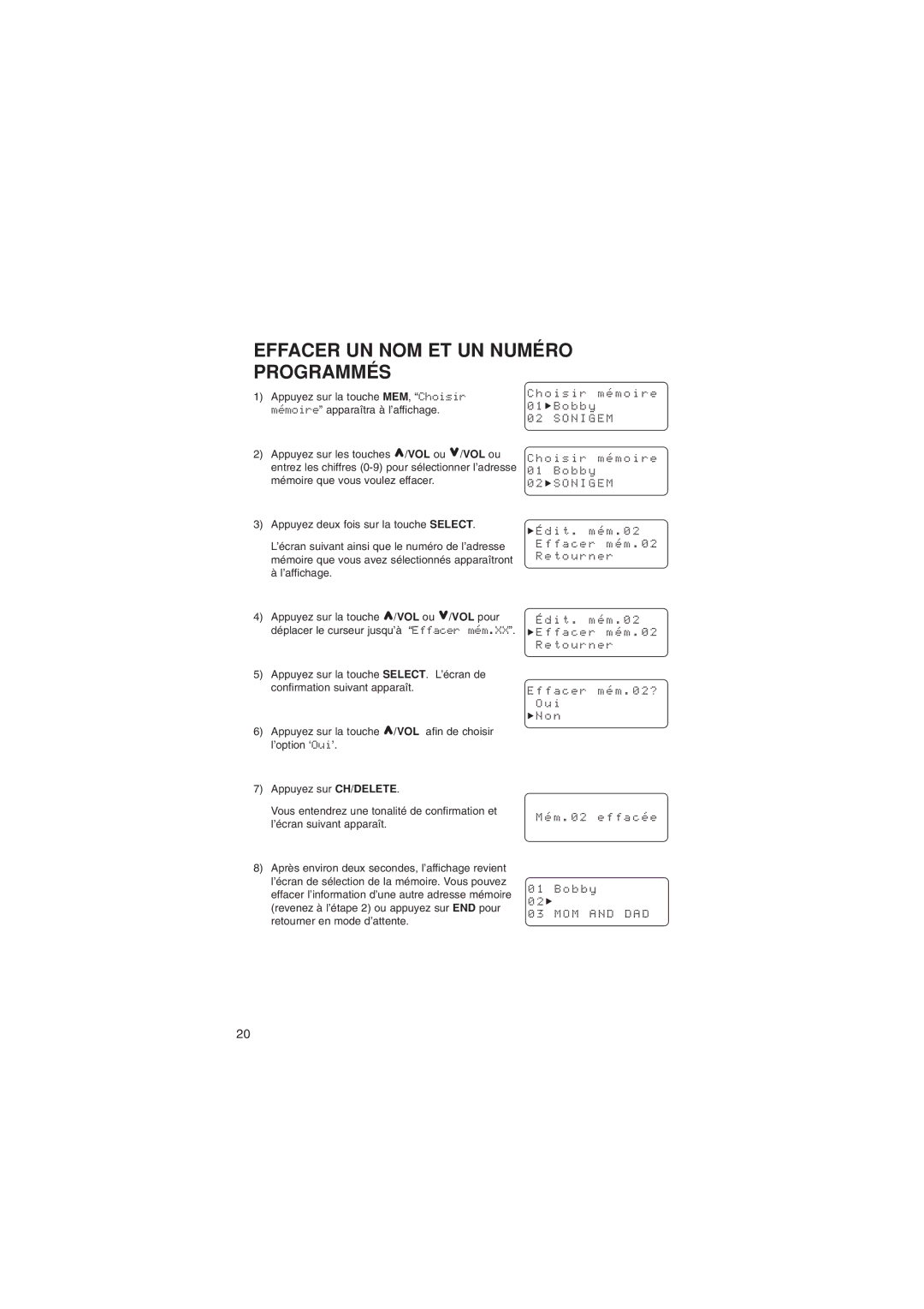 Sylvania ST88245 manual Effacer UN NOM ET UN Numéro Programmés 