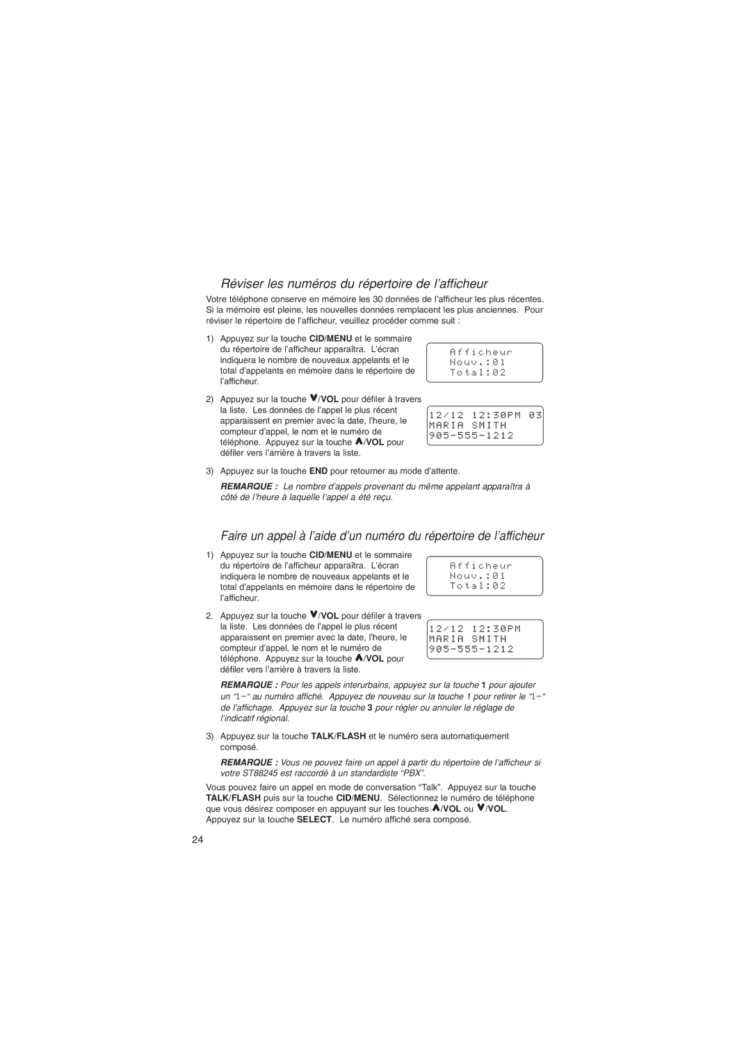 Sylvania ST88245 manual Réviser les numéros du répertoire de l’afficheur, F i c h e u r N o u v 1 T o t a l 0 