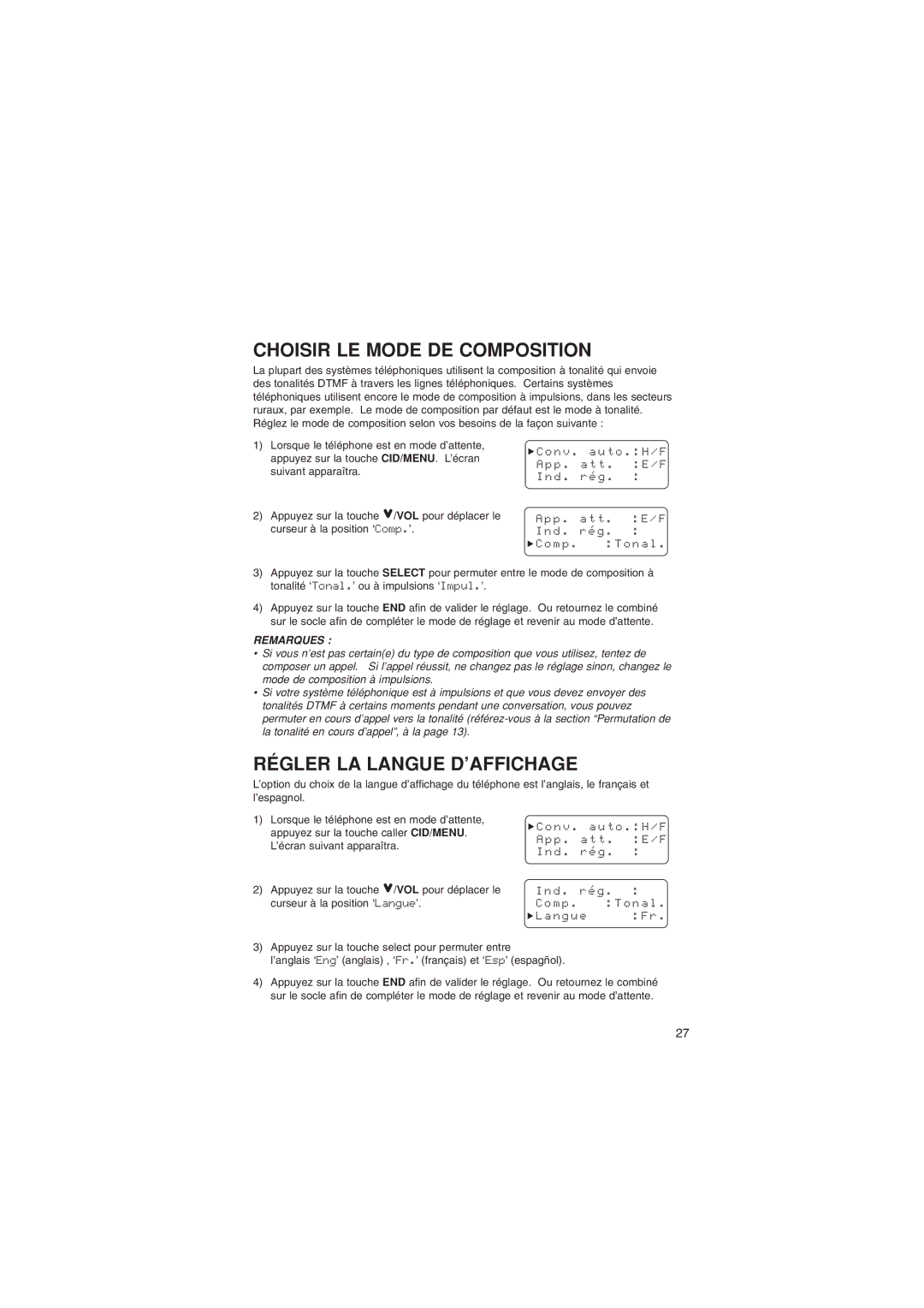 Sylvania ST88245 manual Choisir LE Mode DE Composition, Régler LA Langue D’AFFICHAGE 