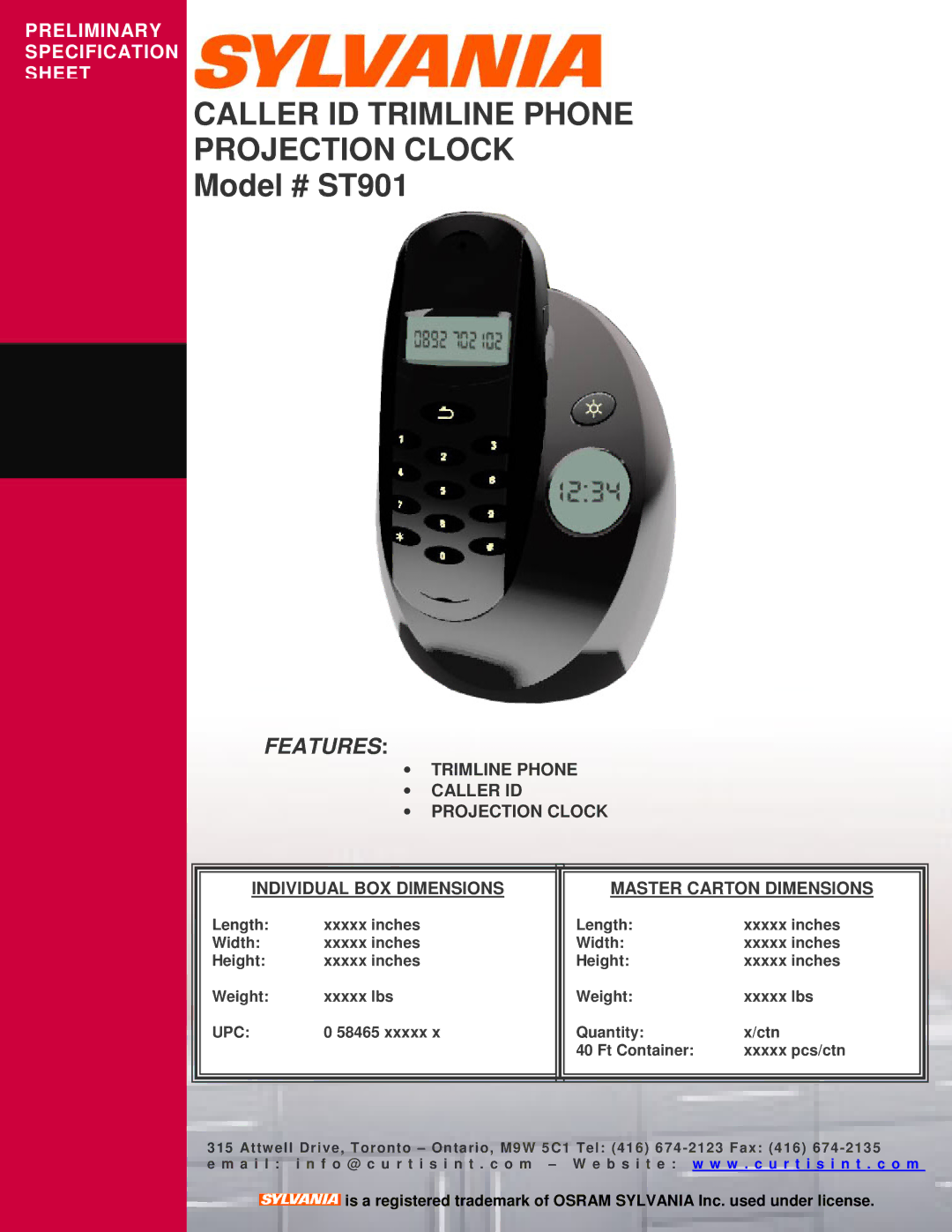 Sylvania dimensions Caller ID Trimline Phone Projection Clock, Model # ST901, Features, Upc 