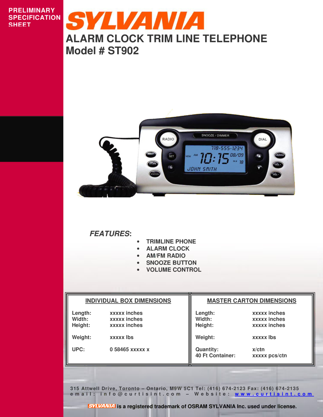 Sylvania specifications Alarm Clock Trim Line Telephone, Model # ST902, Features, Upc 