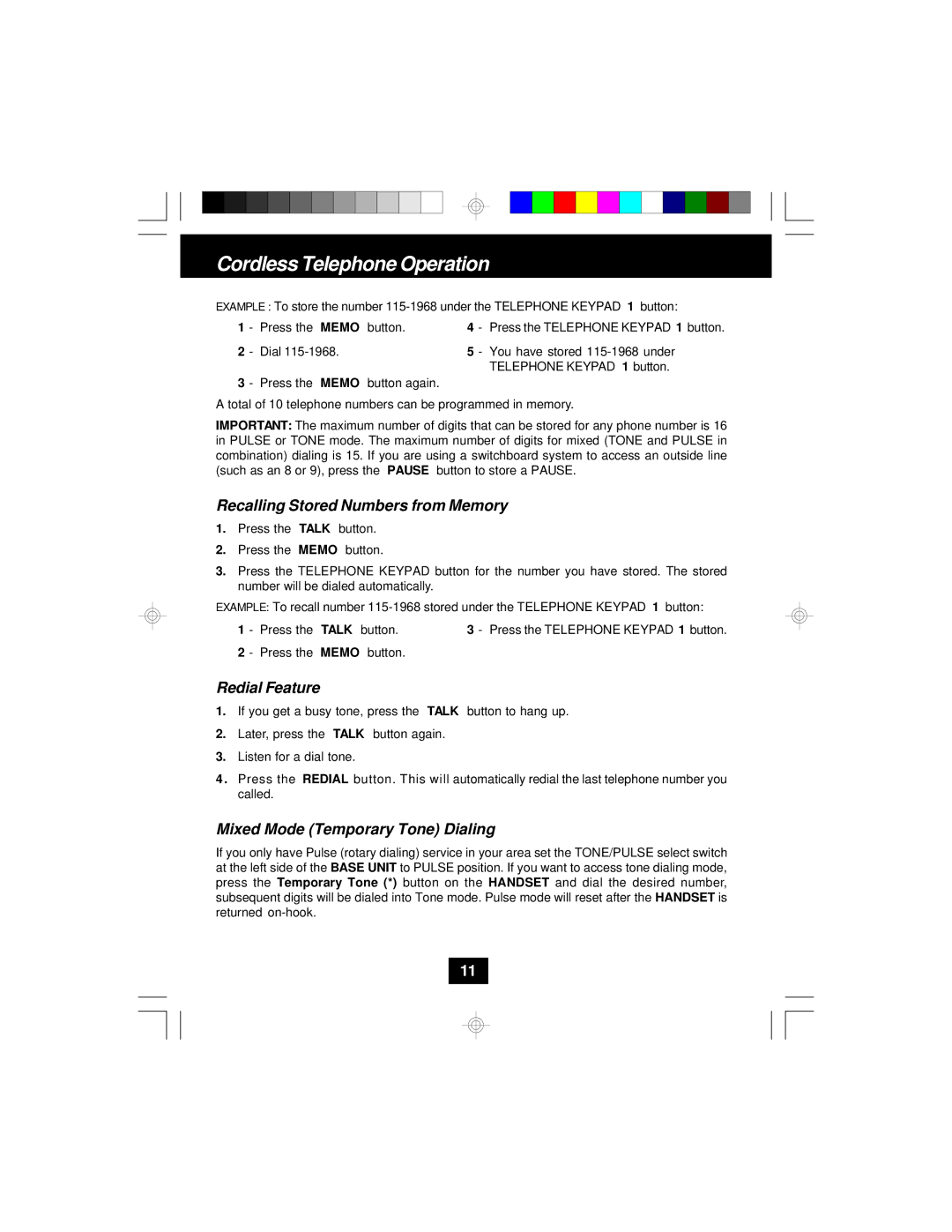 Sylvania STC580 owner manual Recalling Stored Numbers from Memory, Redial Feature, Mixed Mode Temporary Tone Dialing 