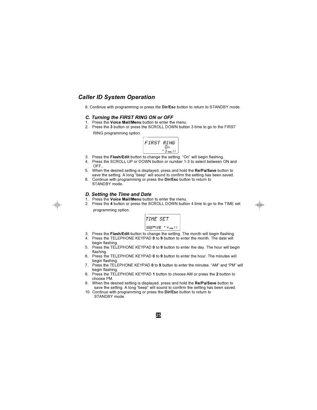 Sylvania STC590 owner manual Turning the First Ring on or OFF, Setting the Time and Date 