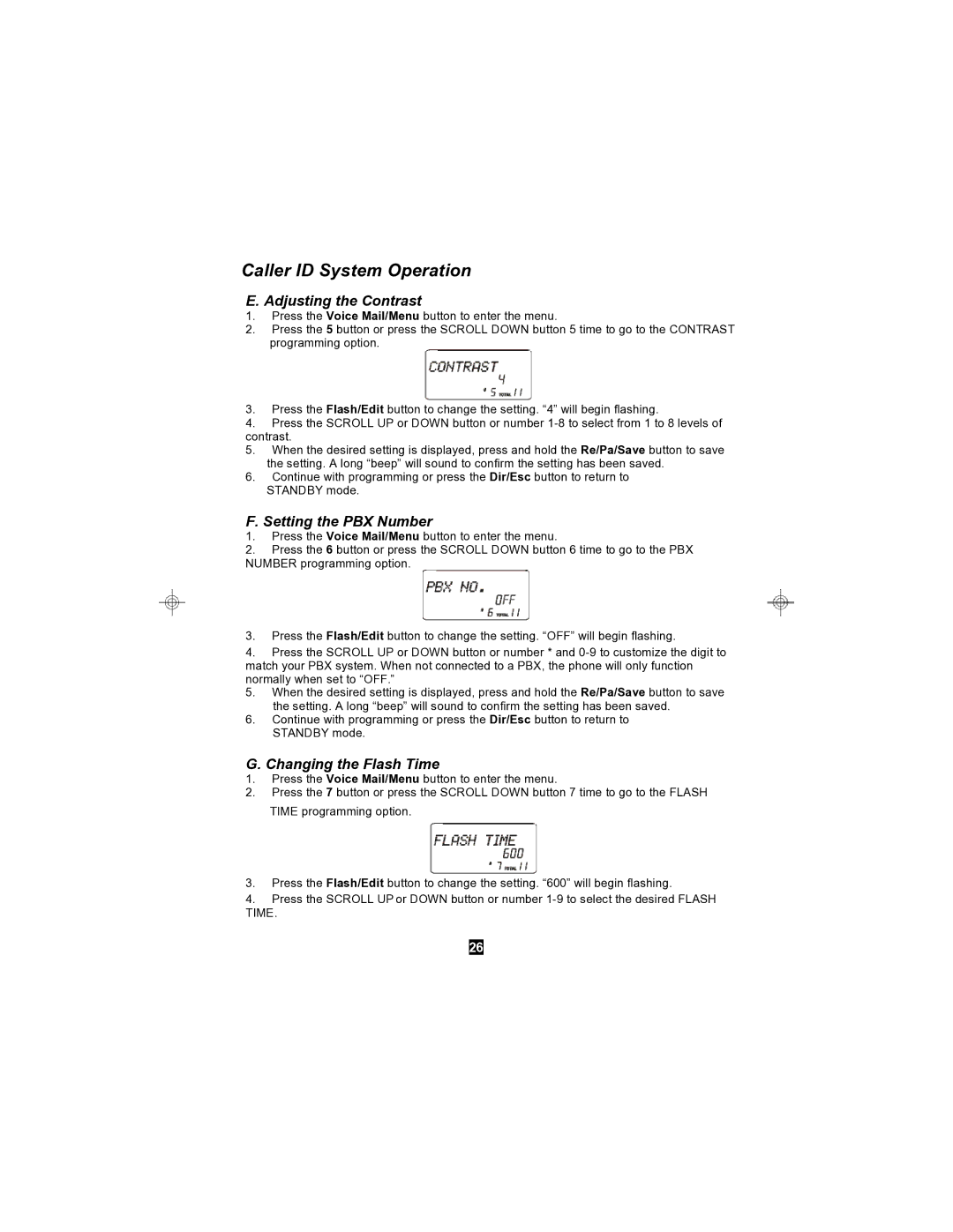 Sylvania STC590 owner manual Adjusting the Contrast, Setting the PBX Number, Changing the Flash Time 