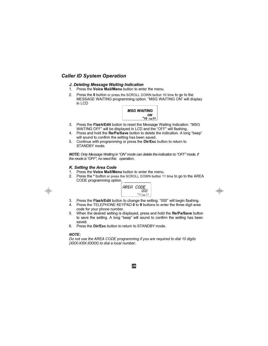 Sylvania STC590 owner manual Deleting Message Waiting Indication, Setting the Area Code, MSG Waiting 