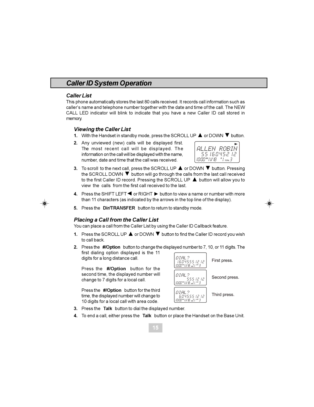 Sylvania STC984 owner manual Viewing the Caller List, Placing a Call from the Caller List 