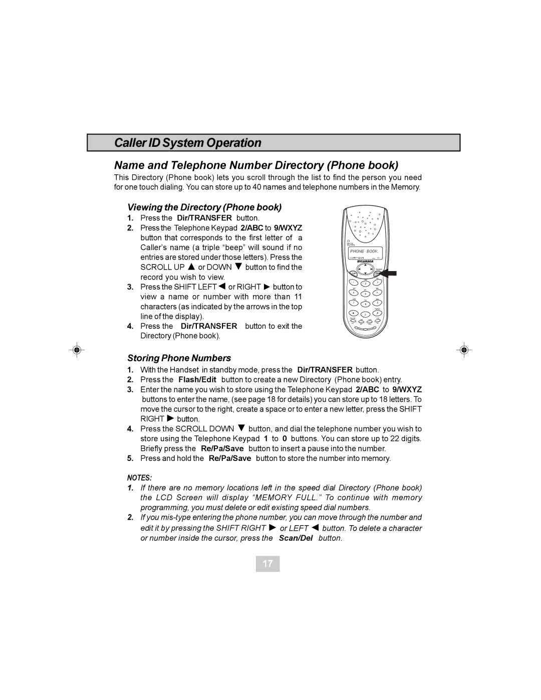 Sylvania STC984 owner manual Viewing the Directory Phone book, Storing Phone Numbers 