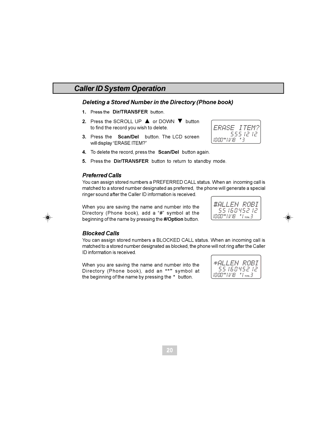 Sylvania STC984 owner manual Deleting a Stored Number in the Directory Phone book, Preferred Calls, Blocked Calls 