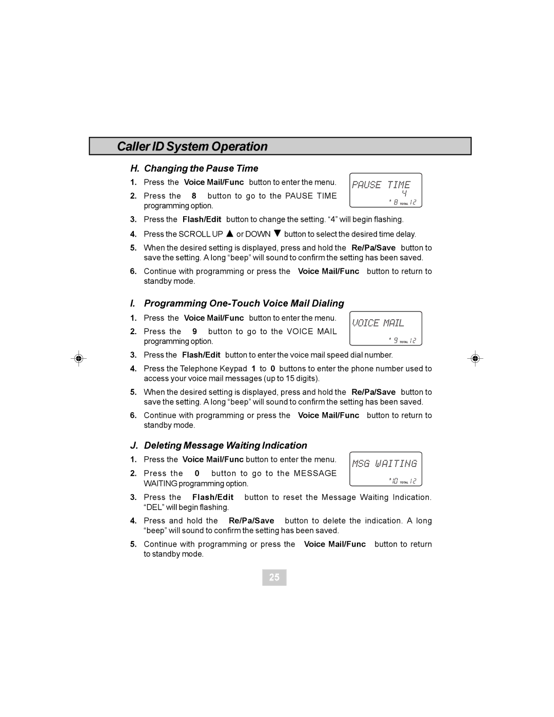 Sylvania STC984 Changing the Pause Time, Programming One-Touch Voice Mail Dialing, Deleting Message Waiting Indication 