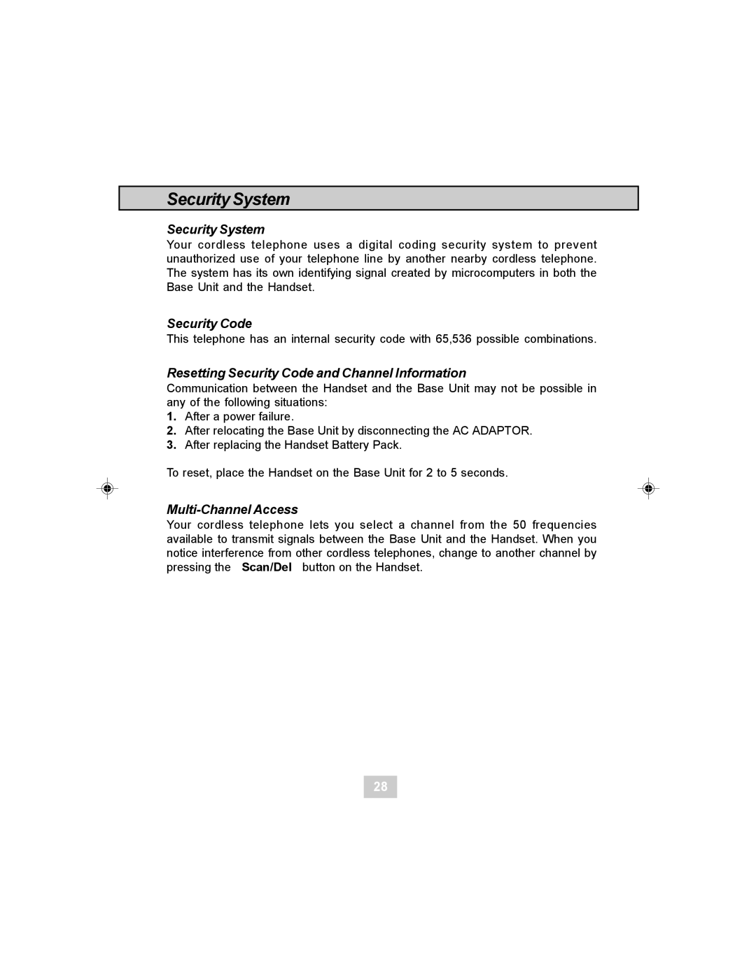 Sylvania STC984 owner manual Security System, Resetting Security Code and Channel Information, Multi-Channel Access 